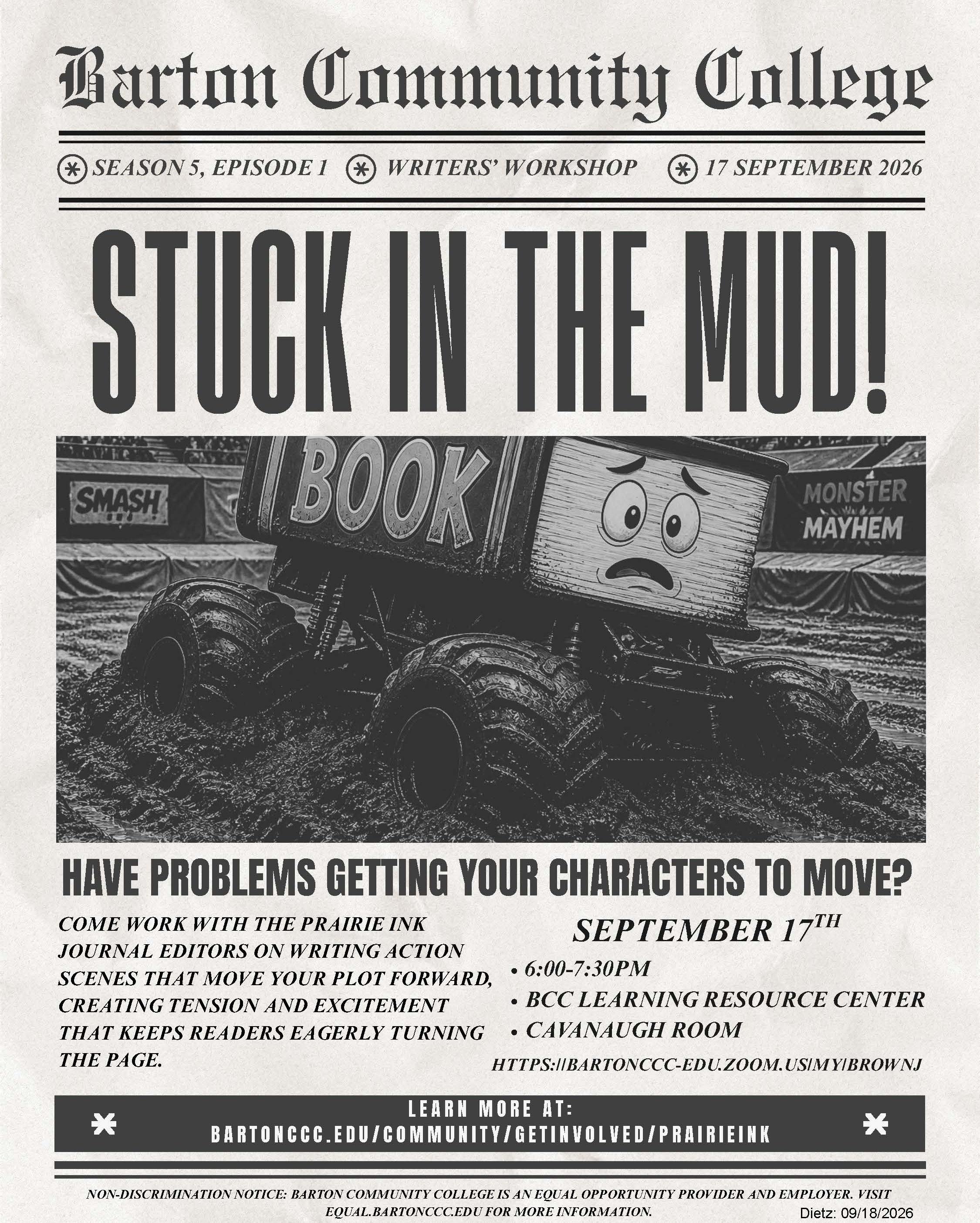 newspaper themed flier with book stuck in mud