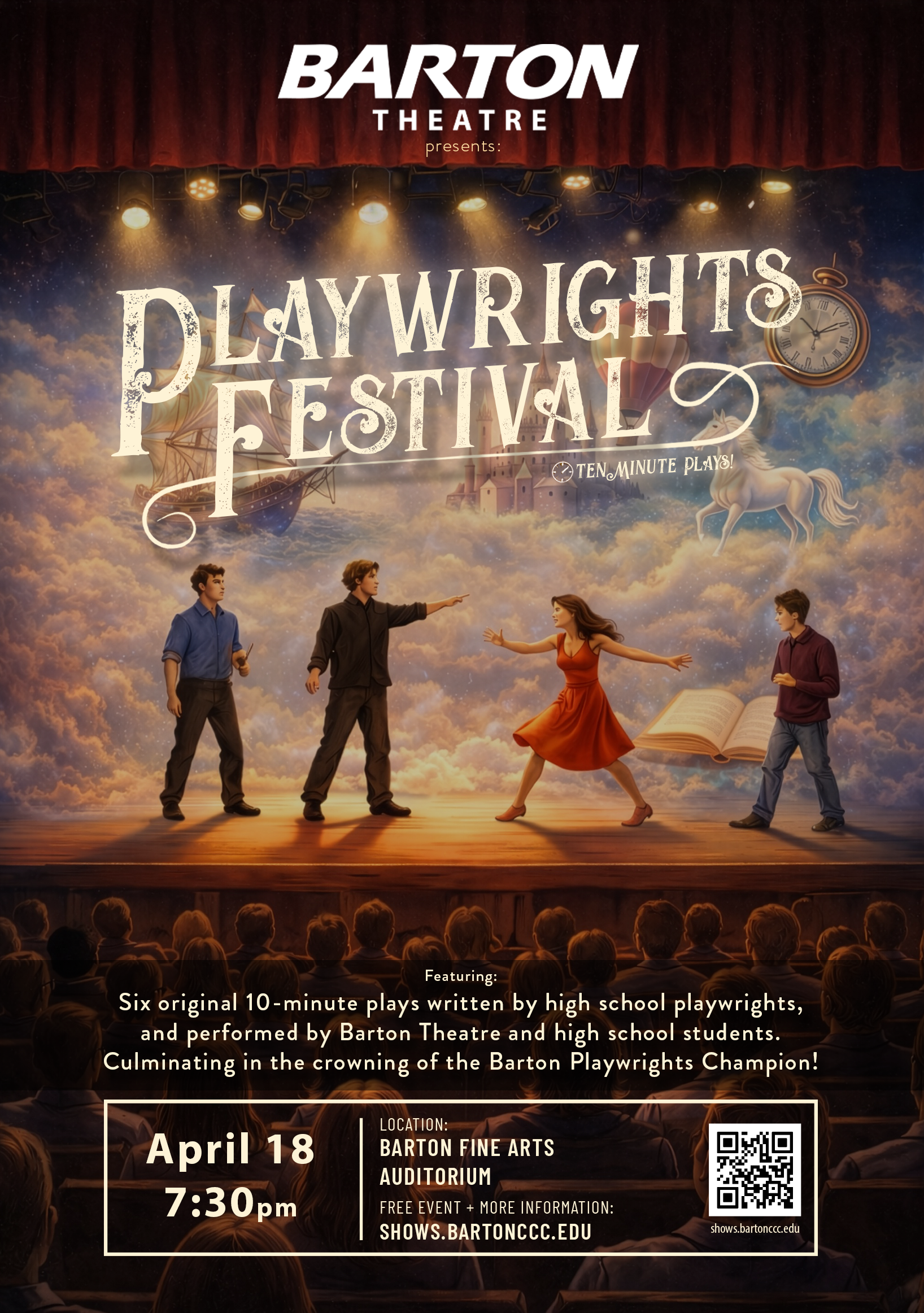 flier for a playwrights festival with students on a stage
