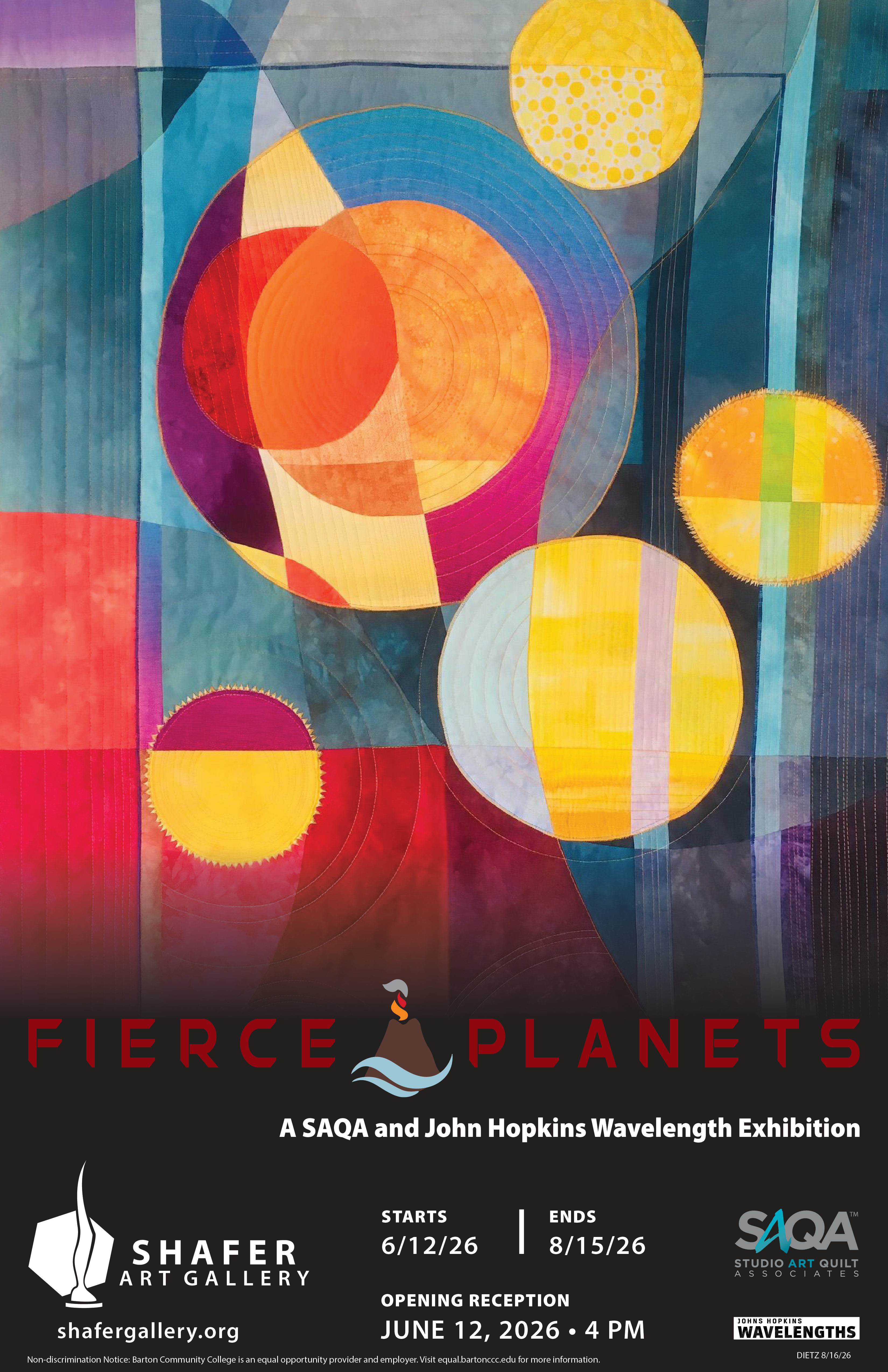 circular imagery on poster for art exhibit about planet themed quilts